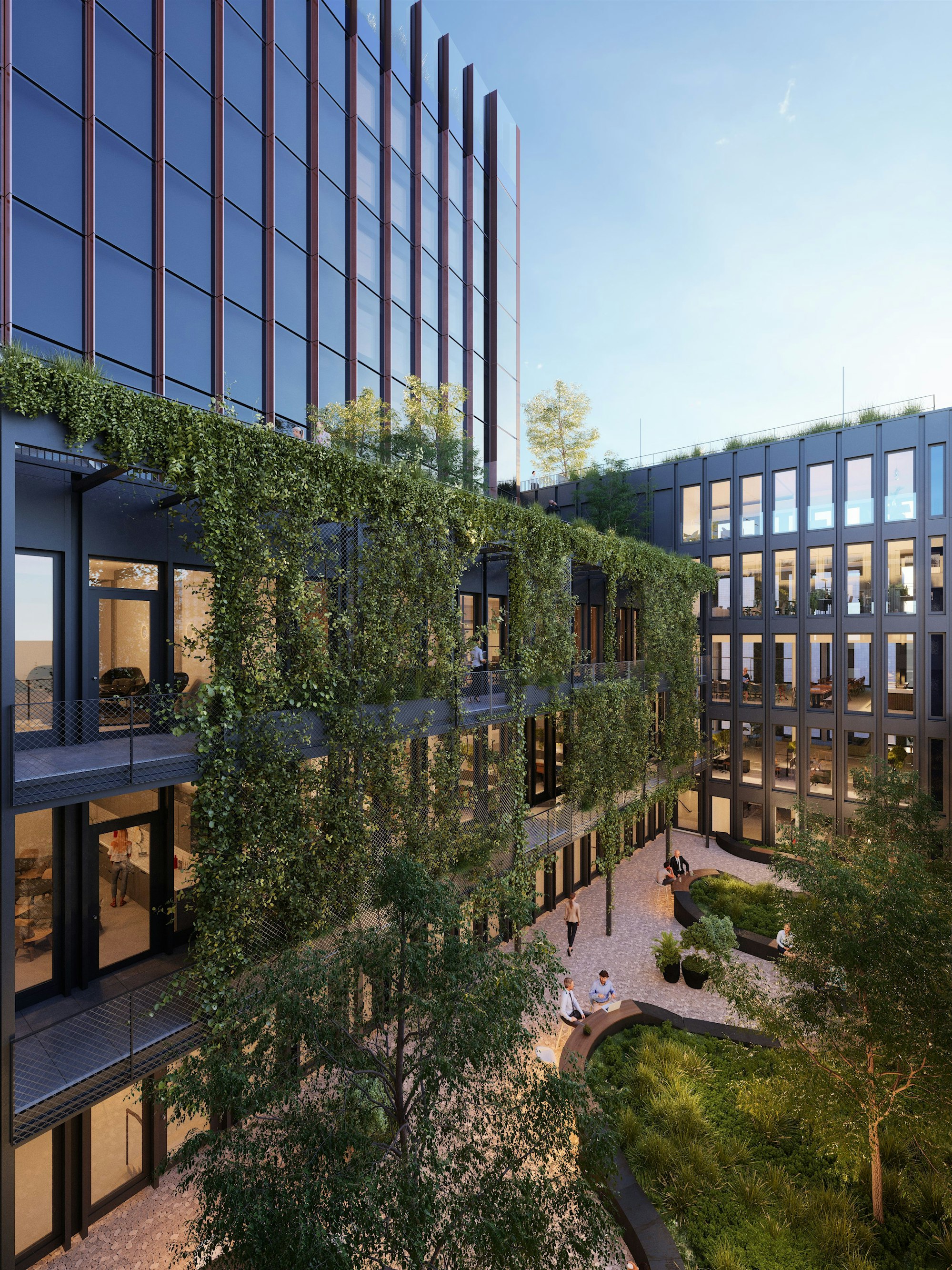 Jeder Büroteil erhält einen Außenbereich. Die Terrassen und der Innenhof erhalten viel Grün.