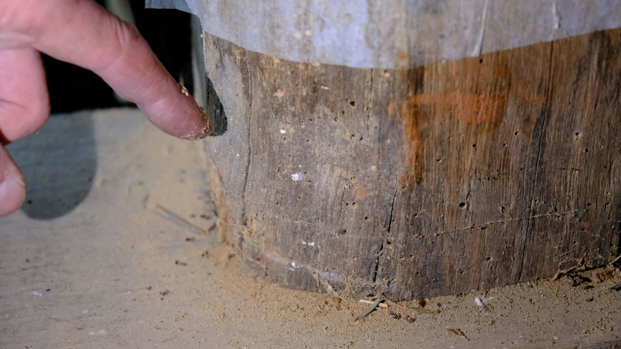 Ein Mann deutet mit seinem Zeigefinger auf Spuren von Holzschädlingen an einem Fachwerkbalken.
