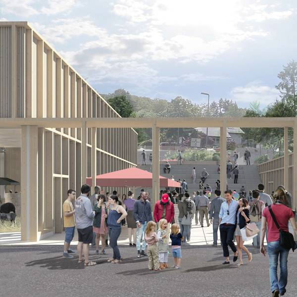 Die Grafik zeigt einen Teil des Gebäudekomplexes, der in Waldbröl die abgebrannte Markthalle ersetzen soll. Hier zu sehen sind die neue Veranstaltungshalle und der Platz zwischen den Häusern.