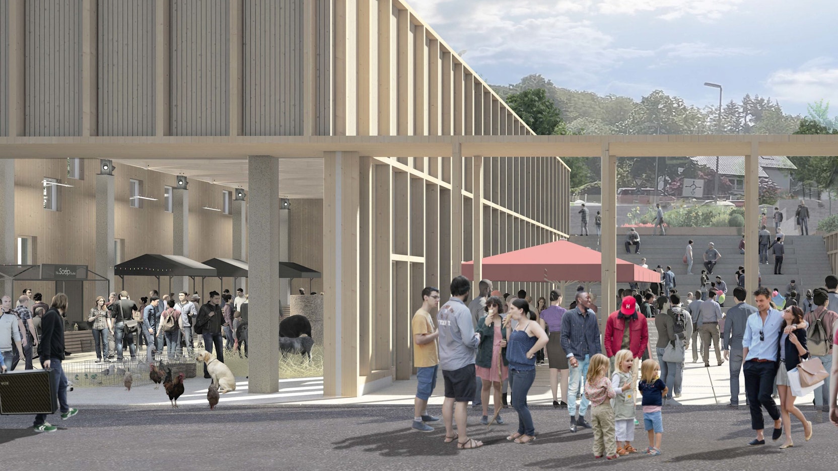 Die Grafik zeigt einen Teil des Gebäudekomplexes, der in Waldbröl die abgebrannte Markthalle ersetzen soll. Hier zu sehen sind die neue Veranstaltungshalle und der Platz zwischen den Häusern.