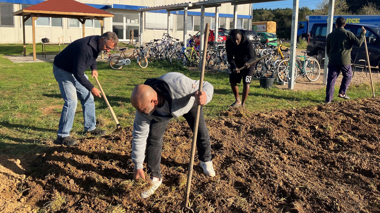 Gemeinsam legen Geflüchtete und Wachtberger Ehrenamtler in Villip ein Beet an.