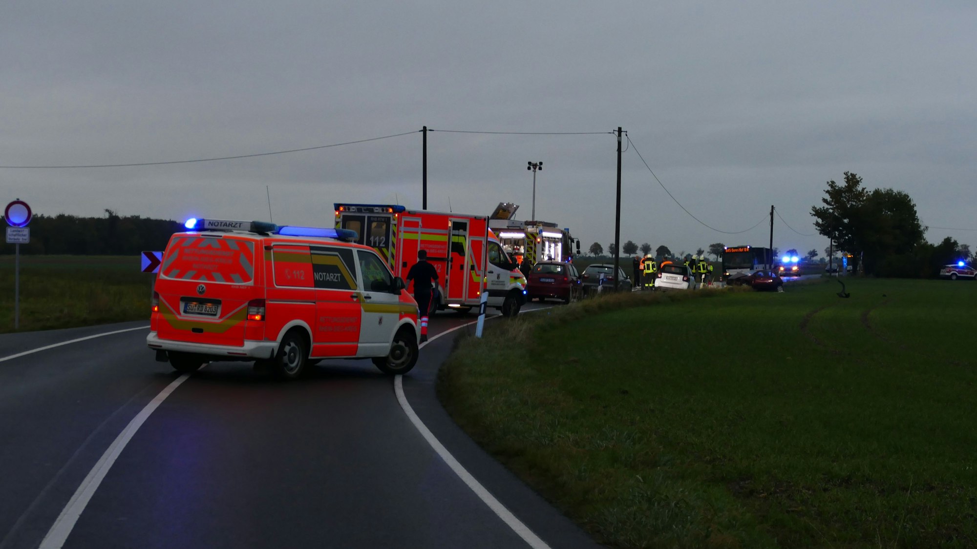 Ein Notarztfahrzeug und ein Rettungswagen stehen auf einer Landstraße.