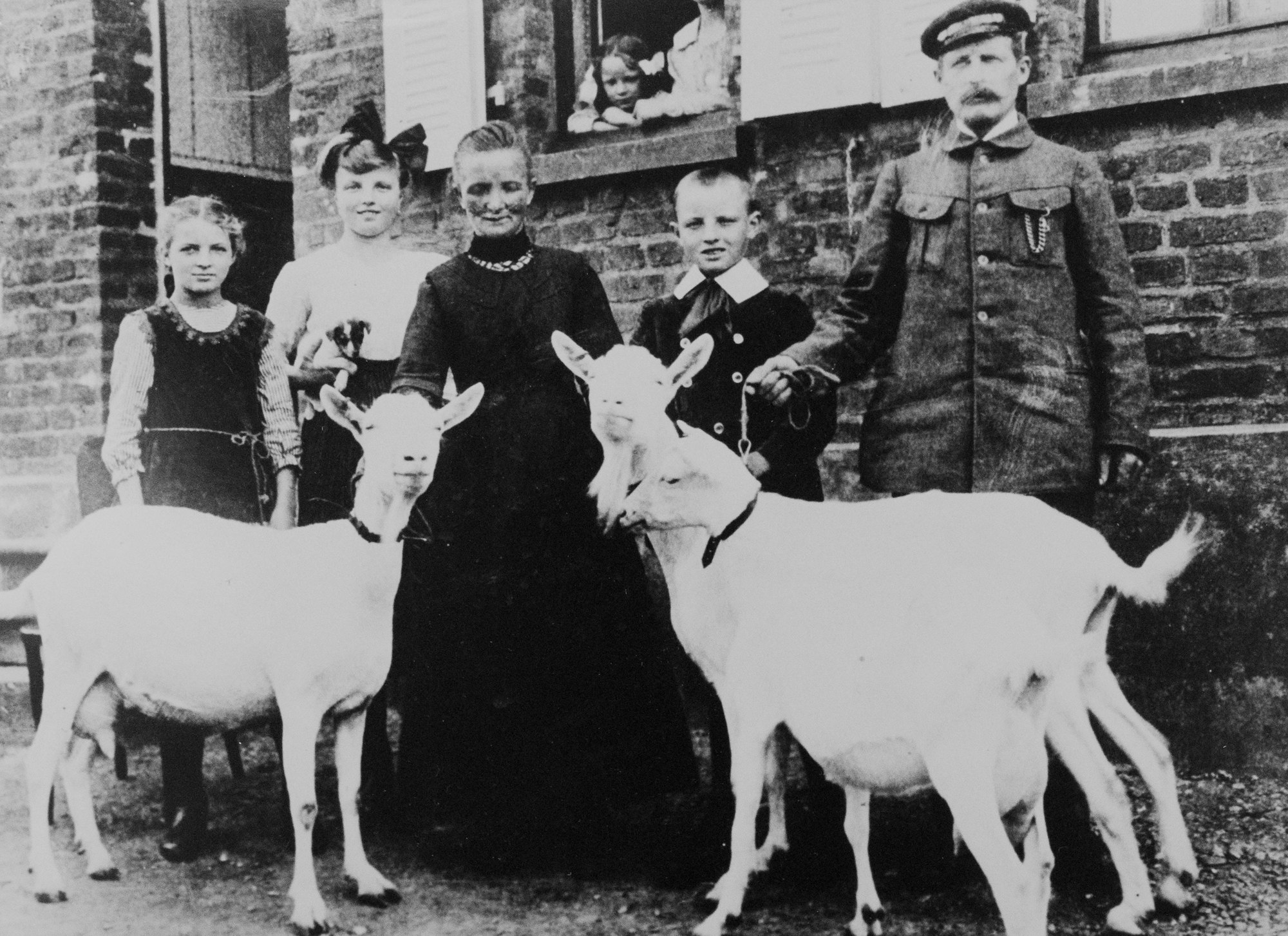 Dorfleben anno dunnemals: Hausstand mit Dame, Kindern und Ziegen.