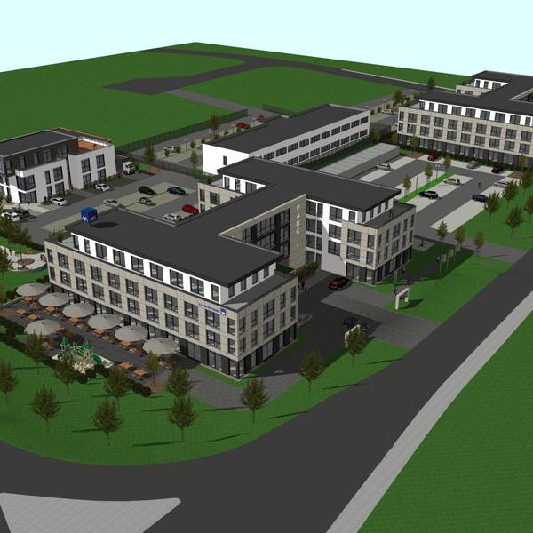 Die Visualisierung zeigt die beiden Office Parks an der Thomas-Eßer-Straße.