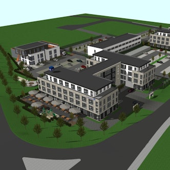 Die Visualisierung zeigt die beiden Office Parks an der Thomas-Eßer-Straße.