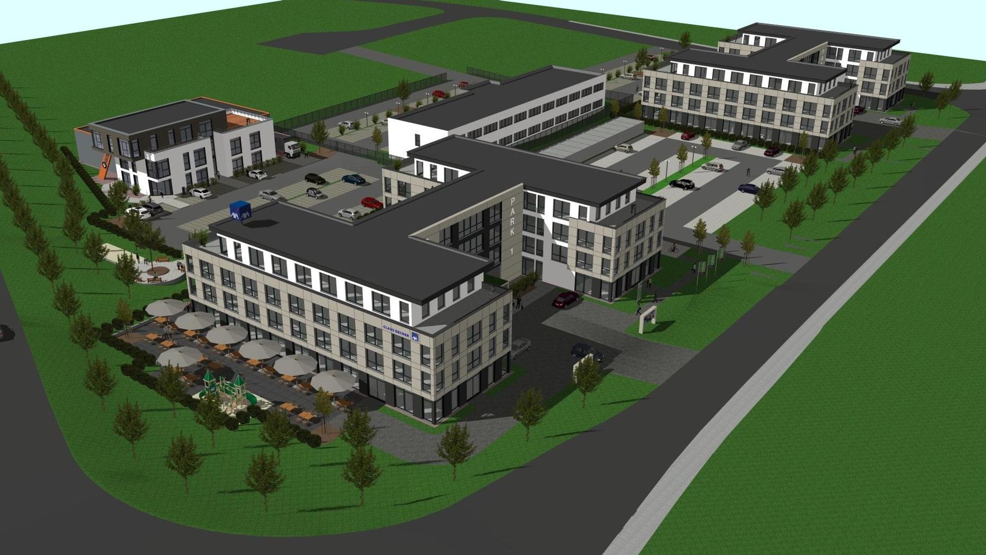 Die Visualisierung zeigt die beiden Office Parks an der Thomas-Eßer-Straße.