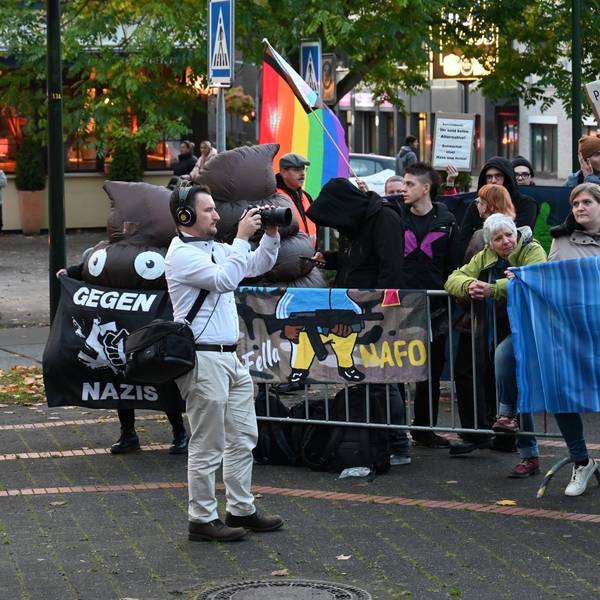 Zu sehen sind Demonstranten mit Fahnen und Plakaten.
