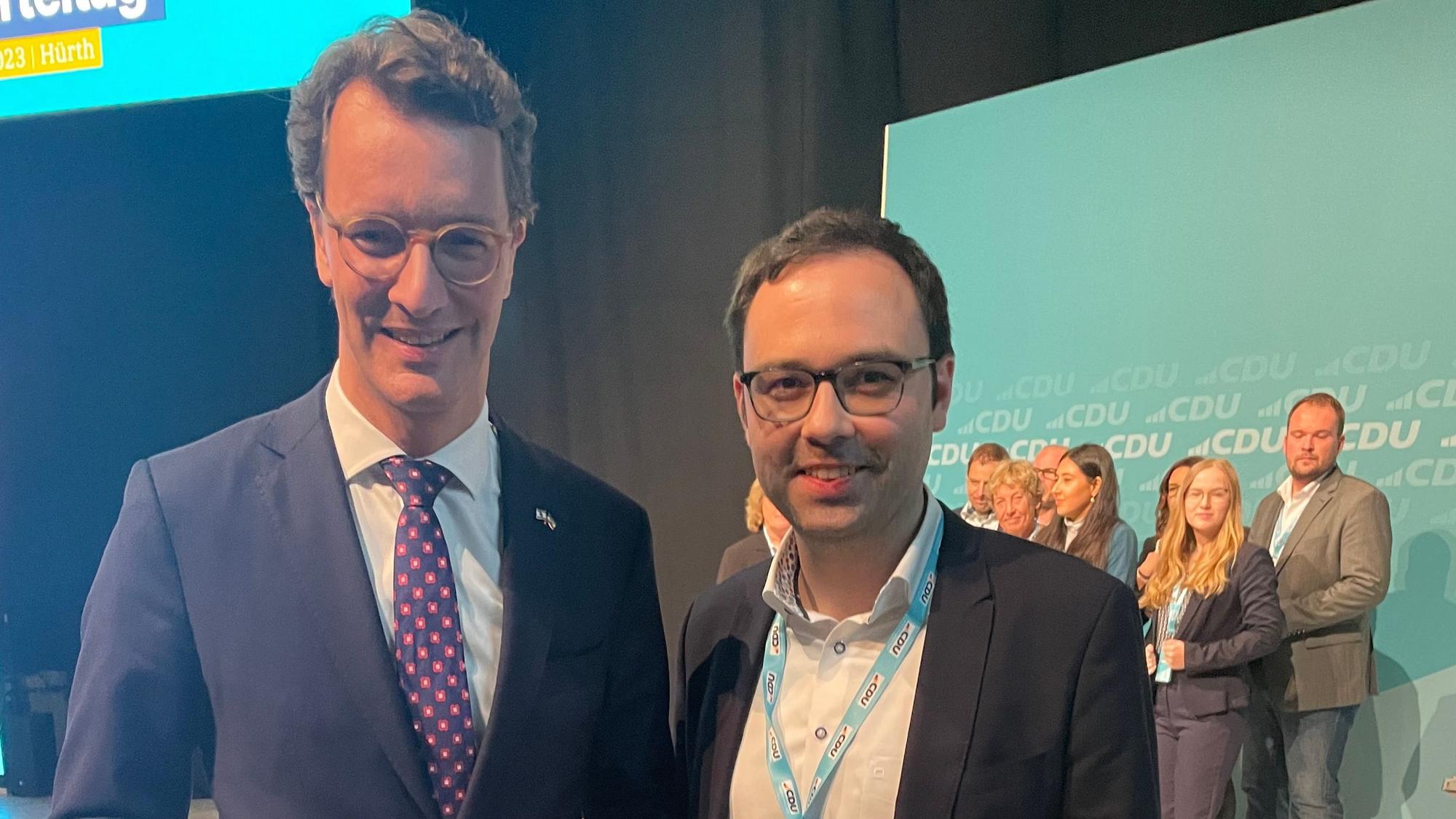 Ministerpräsident Hendrik Wüst und das neue NRW-CDU-Vorstandsmitglied Moritz Müller.
