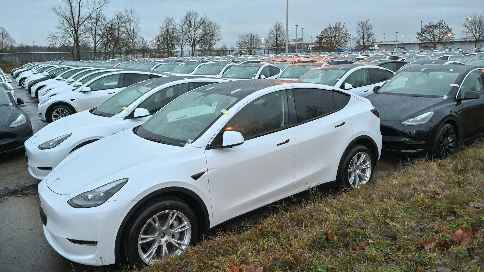 Neue Elektrofahrzeuge vom Typ Model Y stehen am frühen Morgen auf einem Parkplatz am Terminal 5 des Hauptstadtflughafen Berlin-Brandenburg