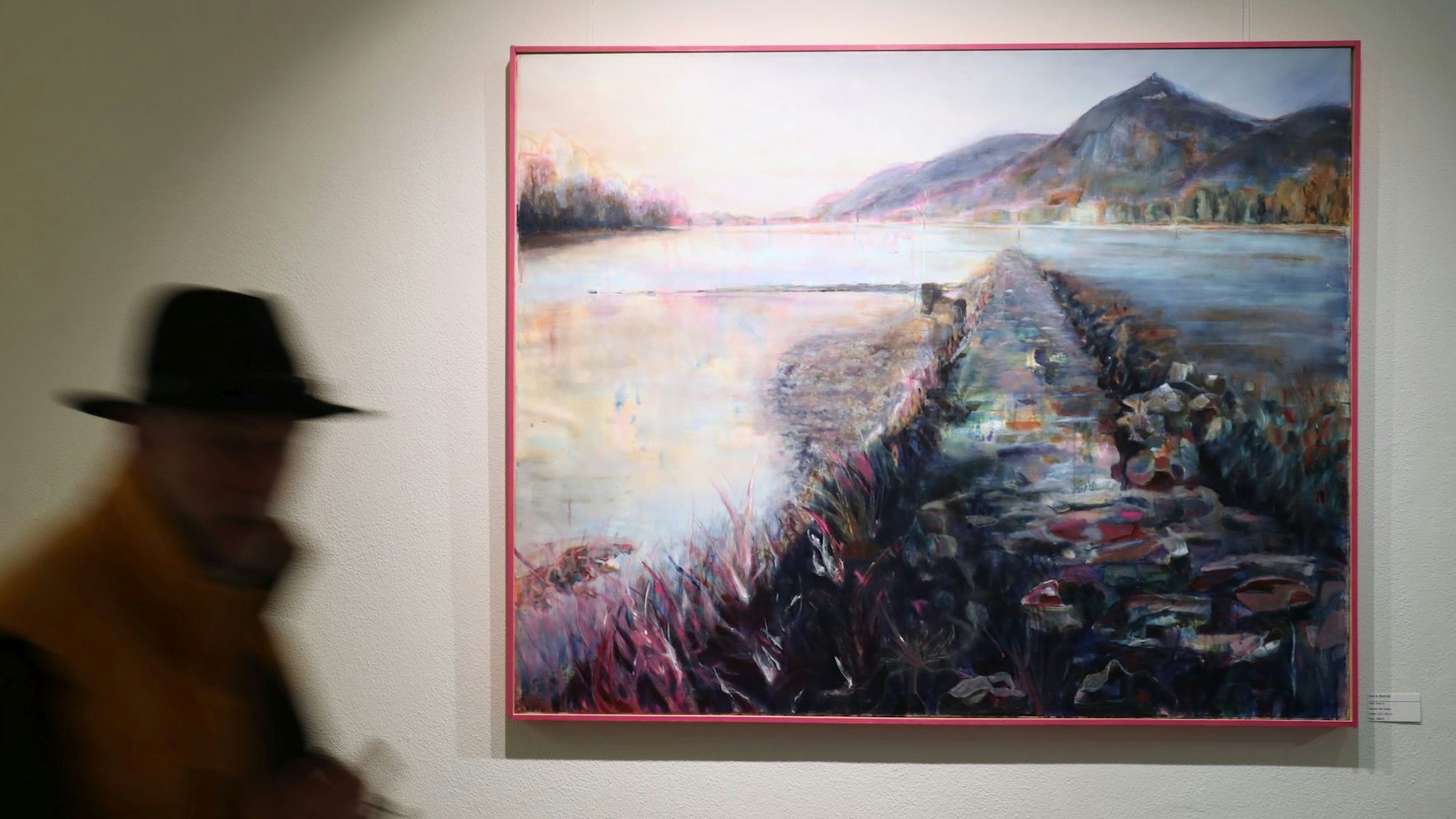 Schemenhaft ist ein Mann mit Hut vor einem großformatigen Werk von Annie Bonnet zu erkennen.