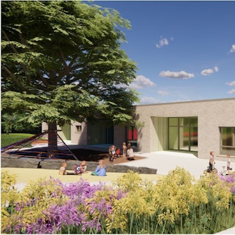 Einn Modellbild eines eingeschossigen Gebäudes mit großer Außenanlage.