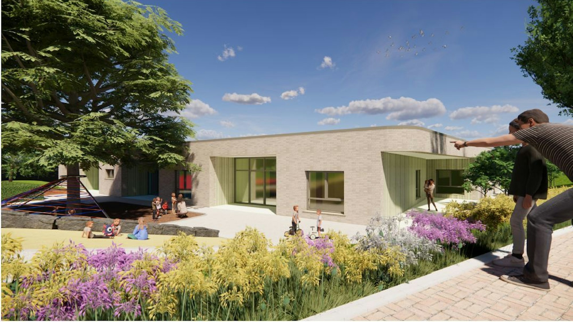 Einn Modellbild eines eingeschossigen Gebäudes mit großer Außenanlage.