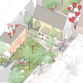 Die Visualisierung zeigt, wie der „Hochzeitsgarten“ vor dem Frechener Rathaus aussehen könnte.