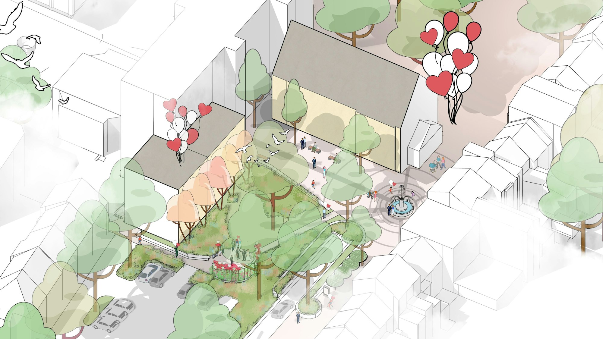 Die Visualisierung zeigt, wie der „Hochzeitsgarten“ vor dem Frechener Rathaus aussehen könnte.