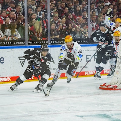 Eishockey Penny-DEL 16.Spieltag Kölner Haie - Pinguins Bremerhaven am 01.11.2023 in der Lanxess Arena in Köln v.l.n.r. , Frederik Storm  Köln , Lukas Kälble  Bremerhaven , Louis-Marc Aubry  Köln , Kristers Gudlevskis  Bremerhaven