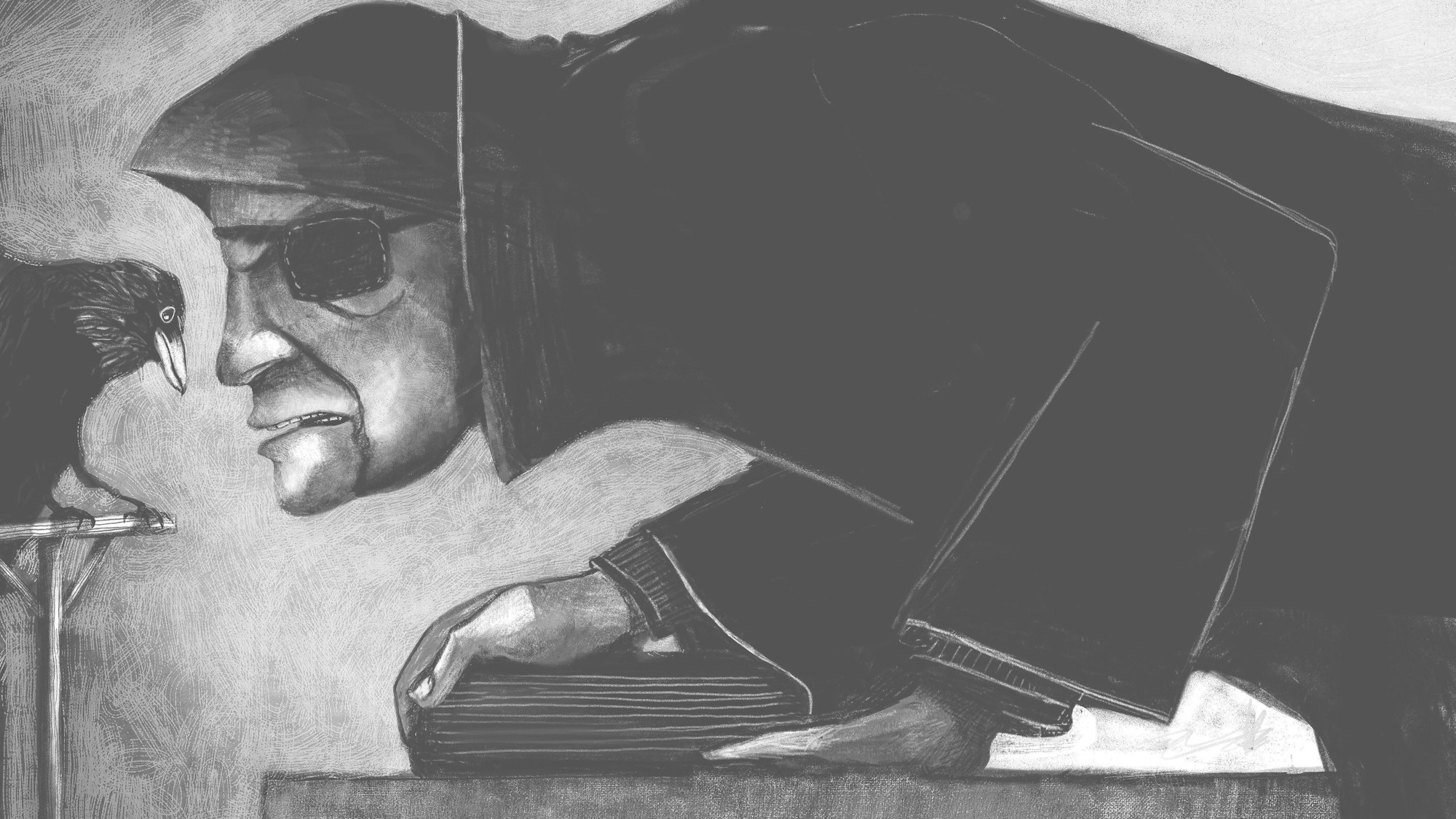 Eine schwarz-weiße Szene aus dem Buch Krabat: Der Müller mit einer Augenklappe schaut einen der Raben bedrohlich an.