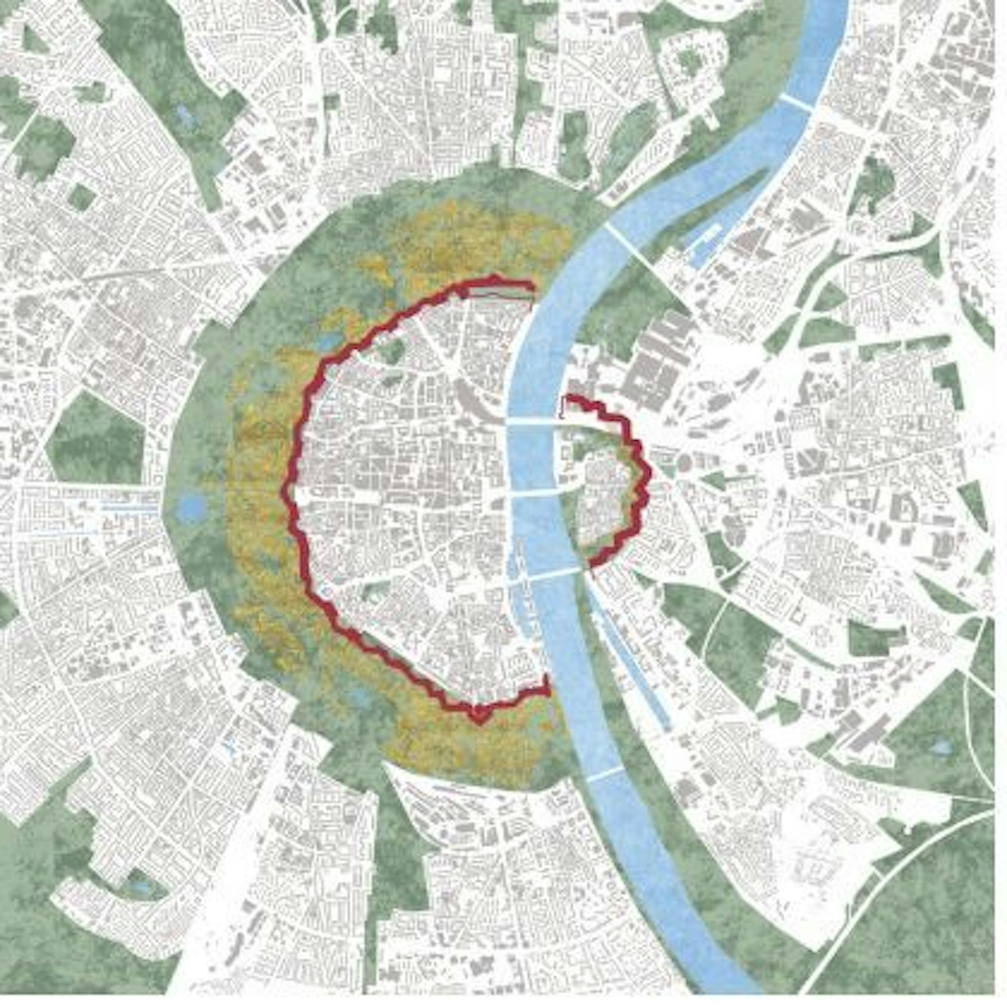 Der Plan von Ermelinda Di Chiara: Der Grüngürtel erstreckt sich über mehrere Veedel (orange) in Richtung Zentrum und schließt an den Rhein an. Die Grenze zur Stadt bildet der Verlauf der alten Stadtmauer (rot).