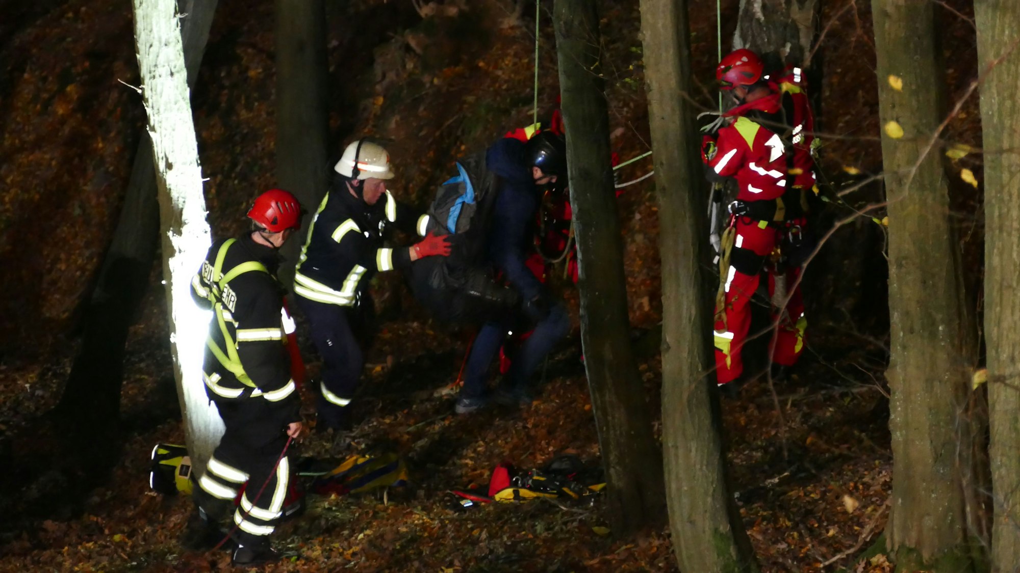 Einsatzkräfte bei einem Einsatz im Wald.