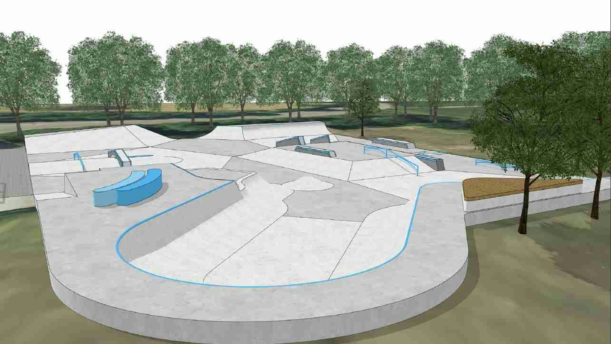 Wie ein Schwimmbecken sieht eine Rampe im Skatepark aus.Das zeigt eine weitere Vidualisierung.