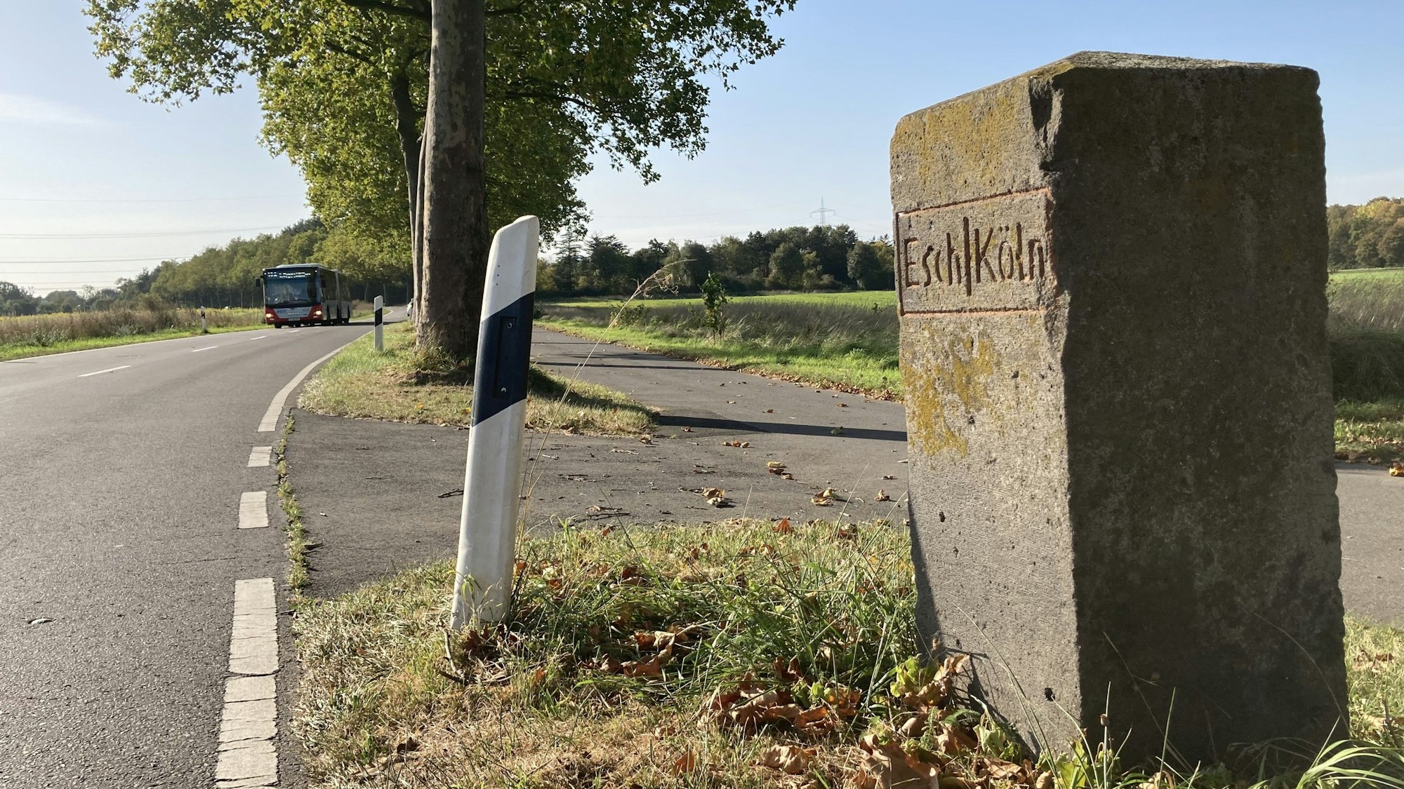 Ein grauer Stein am Straßenrand.