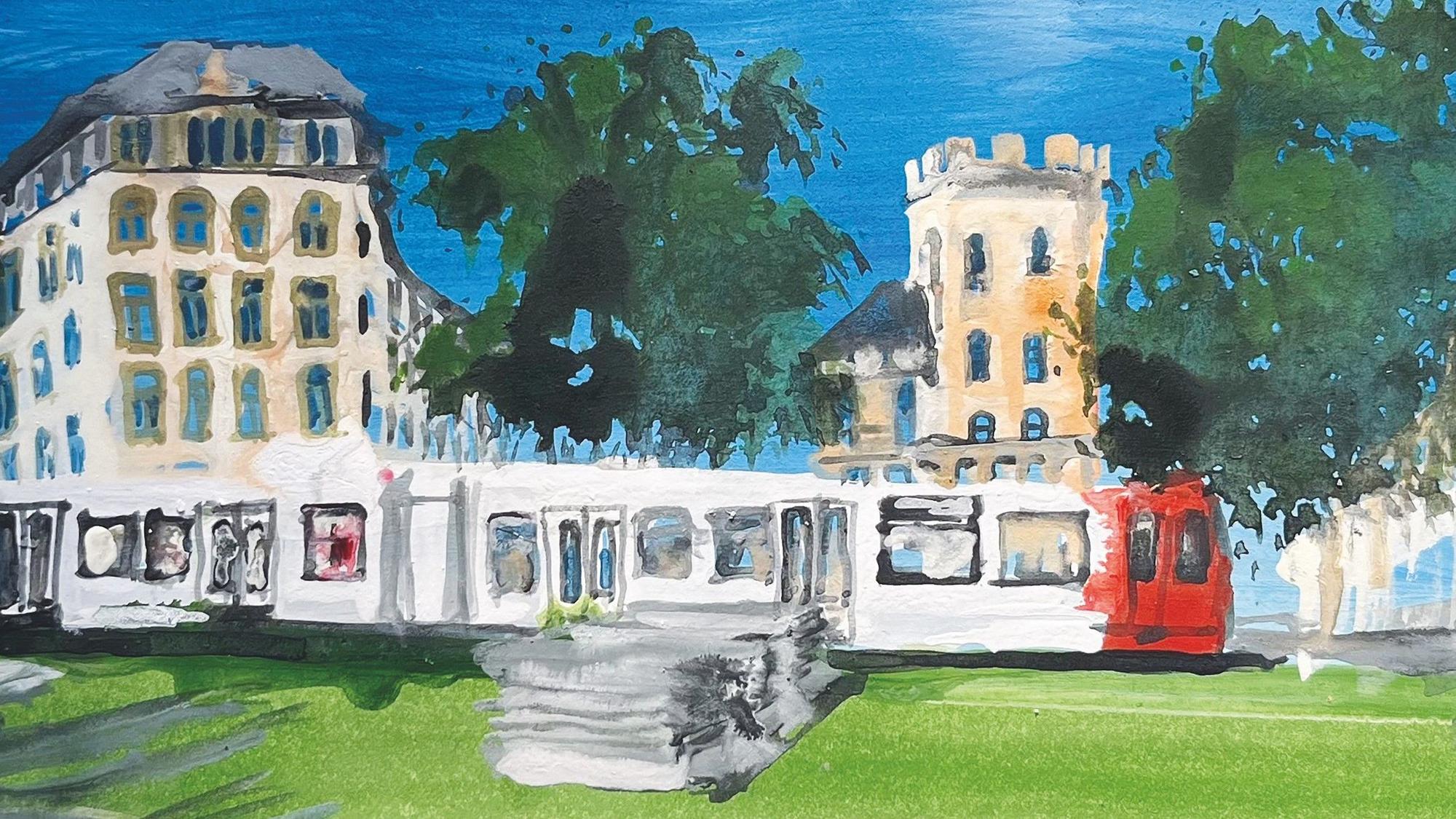 Der Chlodwigplatz in der Südstadt mit Severinstorburg, ein Aquarell von Renate Geiter