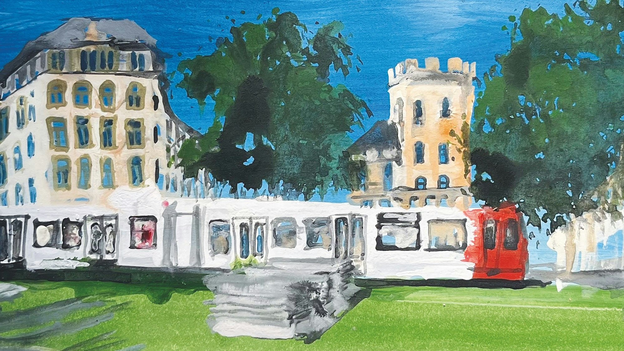 Der Chlodwigplatz in der Südstadt mit Severinstorburg, ein Aquarell von Renate Geiter