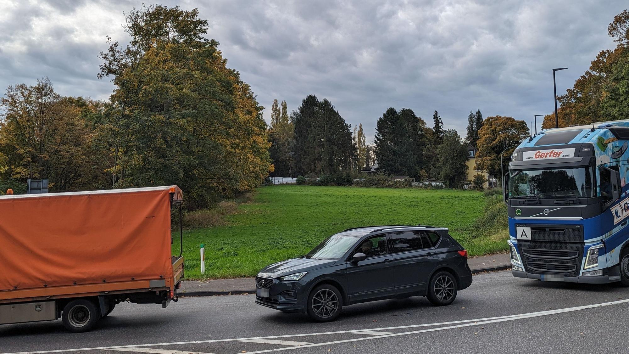 Autos und Transporter fahren an einer Wiese über eine stark befahrene Straße.