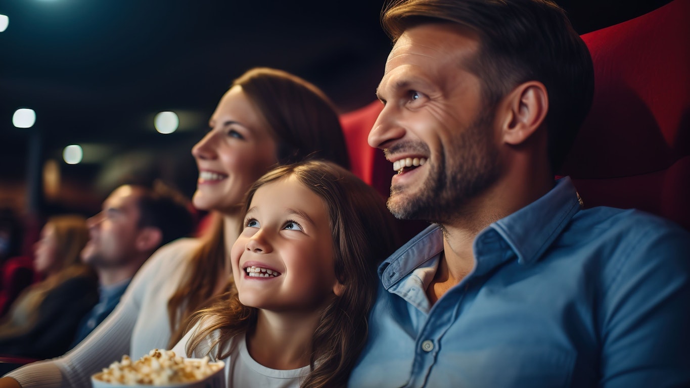 Joyful family in the cinema watching an exciting movie.