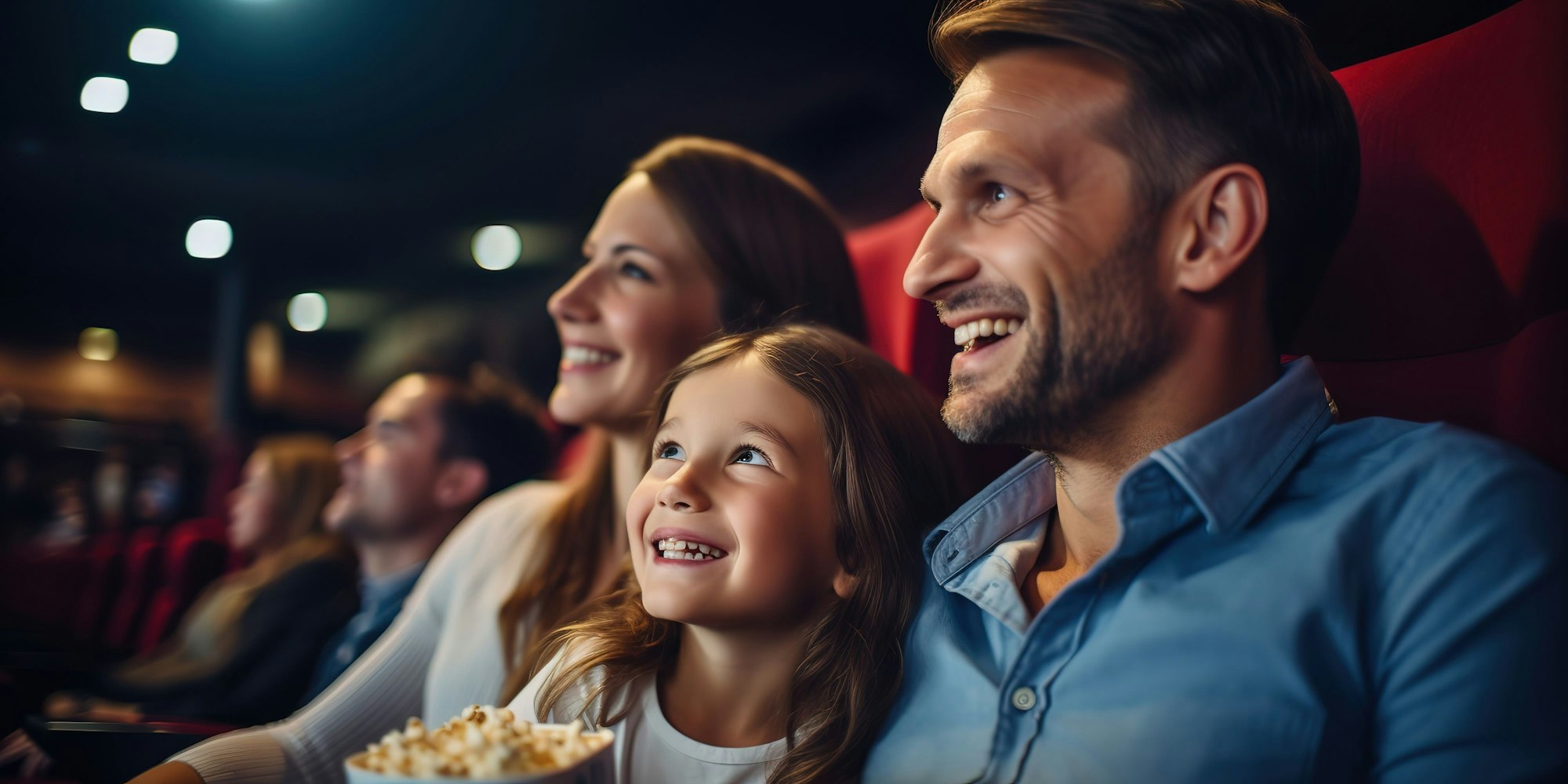Joyful family in the cinema watching an exciting movie.