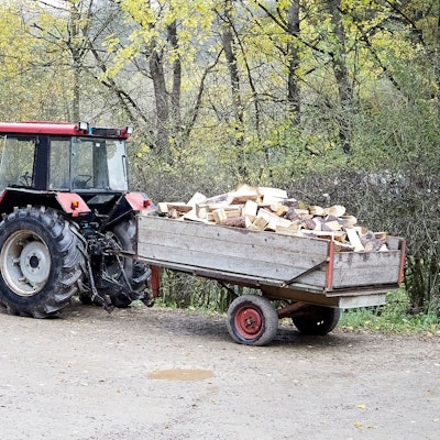 Das Bild zeigt einen roten Traktor, an den ein Anhänger angekuppelt ist. Auf dem ist Holz verladen.