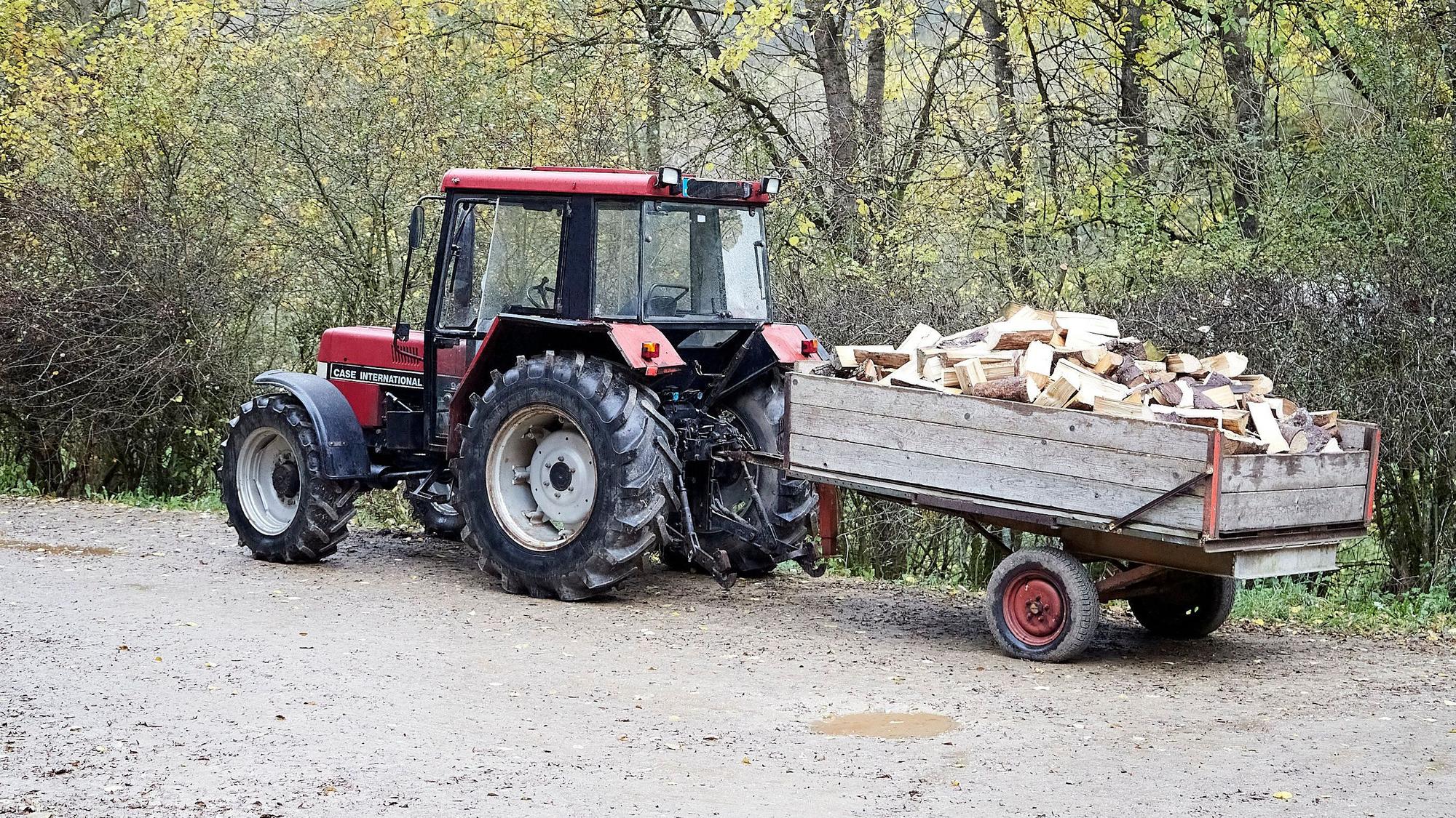 Auf einem Waldweg steht ein Traktor mit Einachs-Anhänger, auf dem Brennholzstücke liegen.