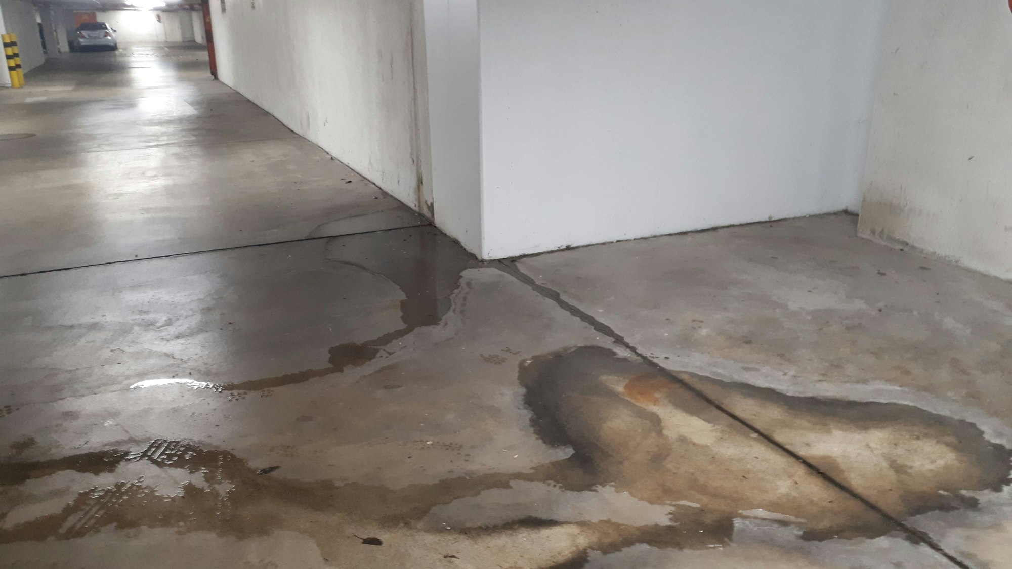 Auf einem Betonboden in einer Tiefgarage haben sich Pfützen gebildet, weil Wasser die Wand herabläuft.