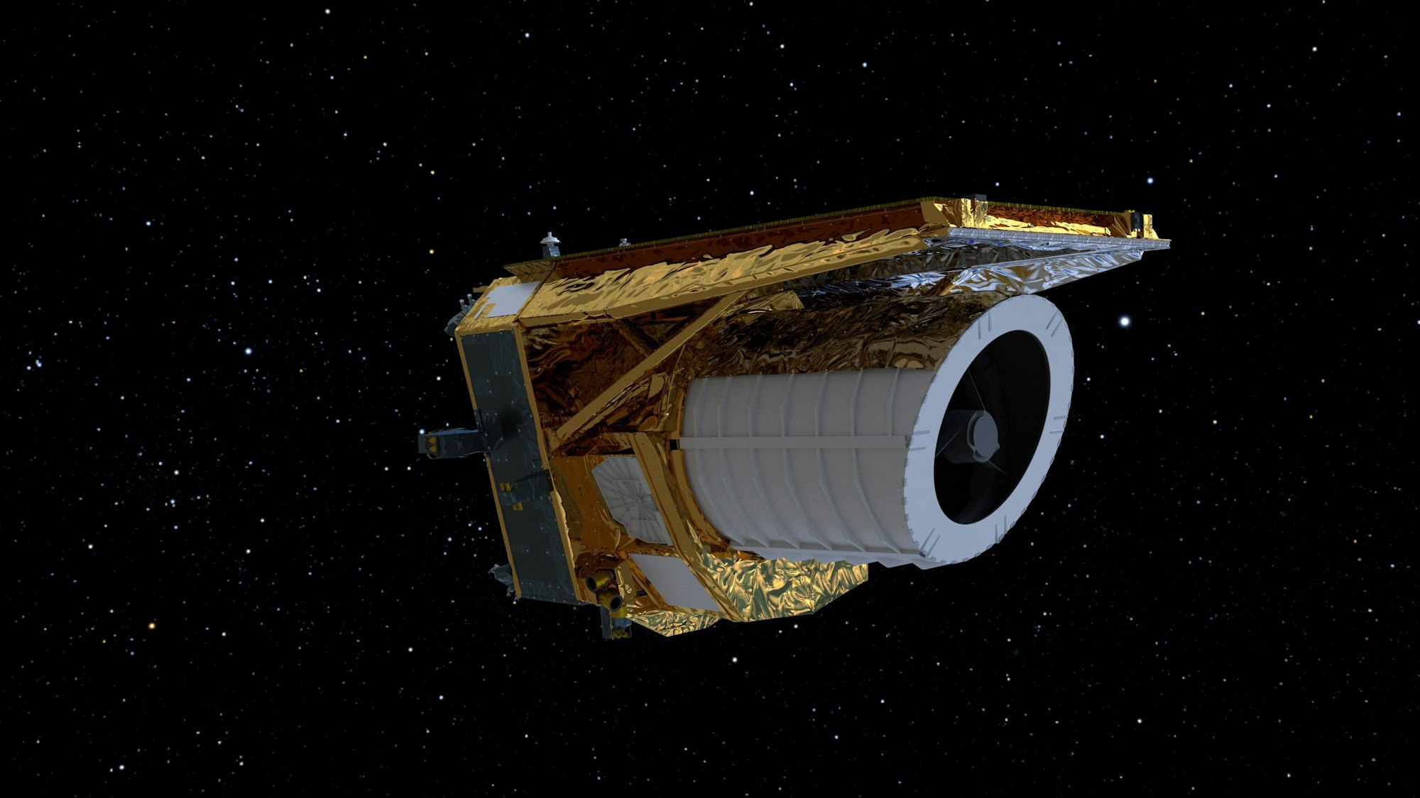Ein Computergeneriertes Bild des Weltraumteleskops „Euclid“.