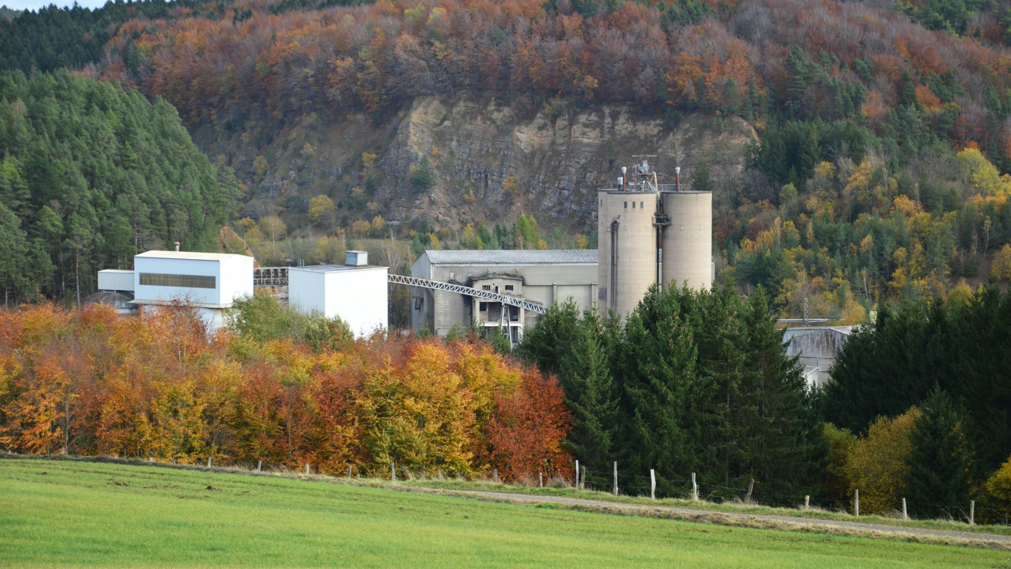 Das Foto zeigt das Zementwerk bei Sötenich mit den umgebenden Wäldern.