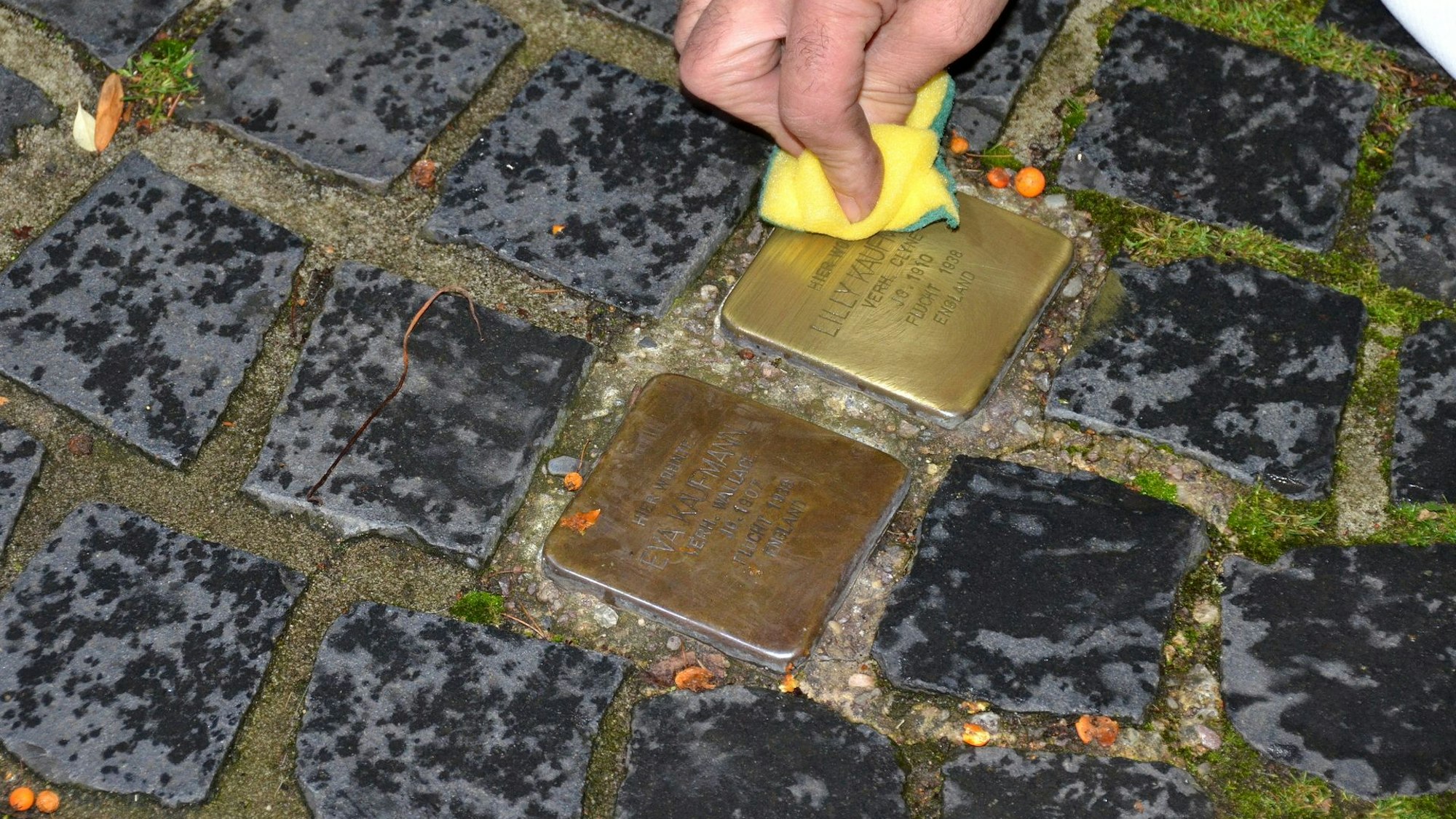 Im Pflaster des Gehwegs sind zwei Stolpersteine eingelassen, einer wird gerade mit einem Schwamm gesäubert.