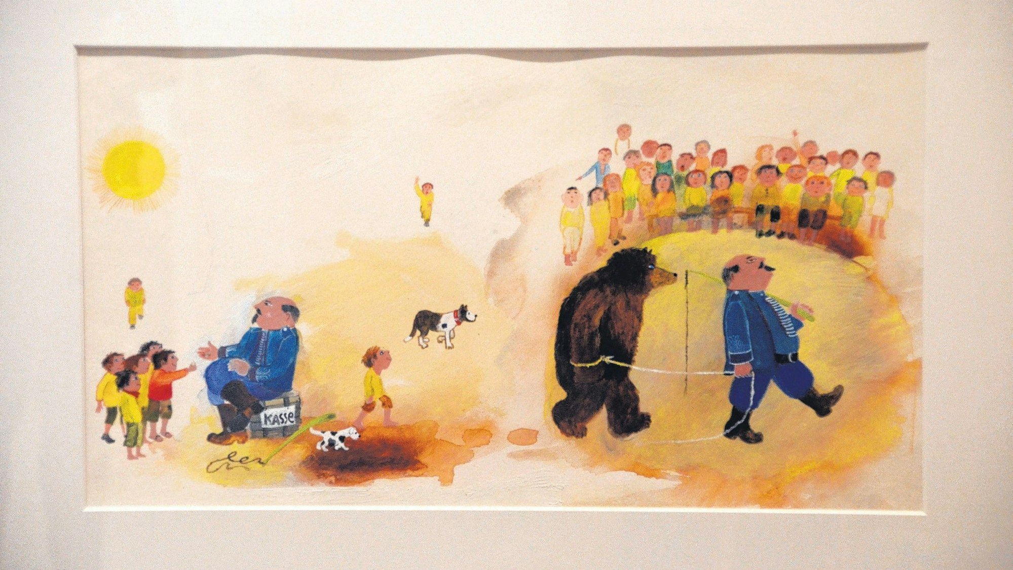 Eine Zeichnung von Janosch. Zu sehen sind ein Bärendompteur und sein Tier, Zuschauer und Kinder.