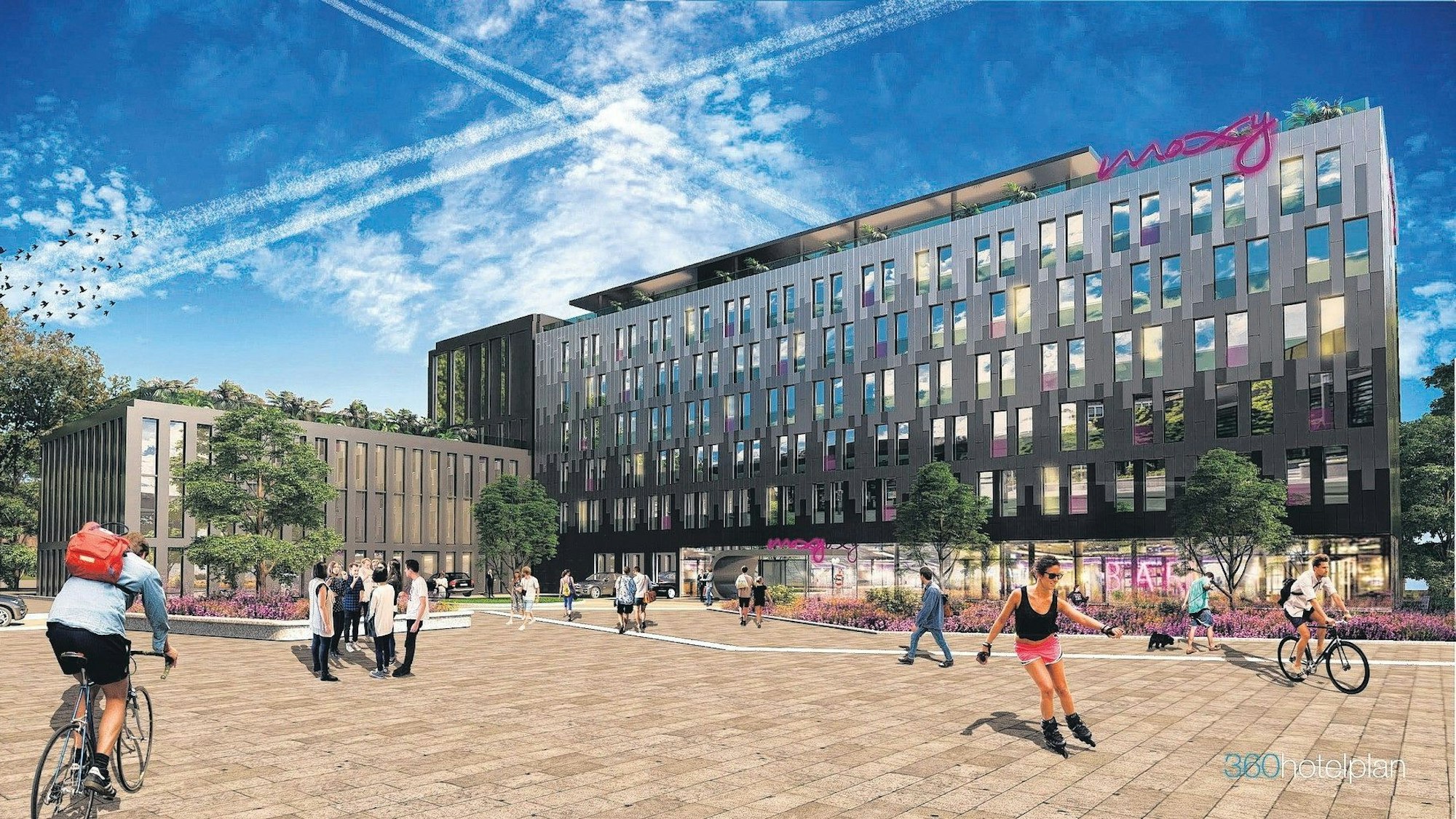 Der am Computer erstellte Entwurf eines Hotels; auf dem Platz davor sind Radfahrer und Inlineskater unterwegs.