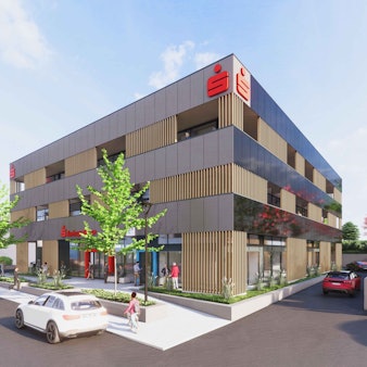 Diese Grafik zeigt, wie der Standort der Kreissparkasse Köln an der Waldbröler Kaiserstraße nach Abschluss der Modernisierung im Herbst kommenden Jahres aussehen soll. Rund fünf Millionen Euro kosten der Umbau und die Instandsetzung.