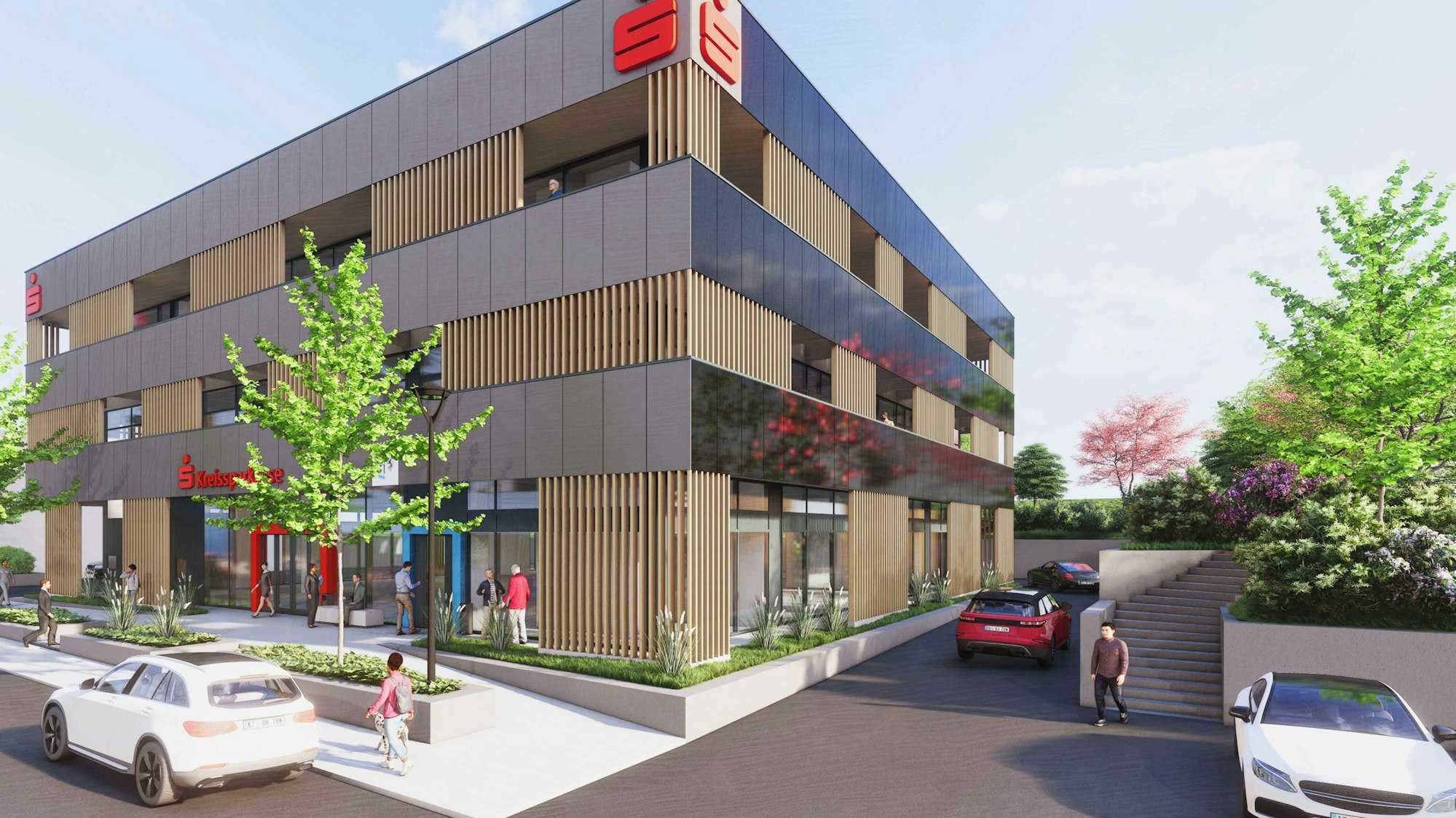 Diese Grafik zeigt, wie der Standort der Kreissparkasse Köln an der Waldbröler Kaiserstraße nach Abschluss der Modernisierung im Herbst kommenden Jahres aussehen soll. Rund fünf Millionen Euro kosten der Umbau und die Instandsetzung.