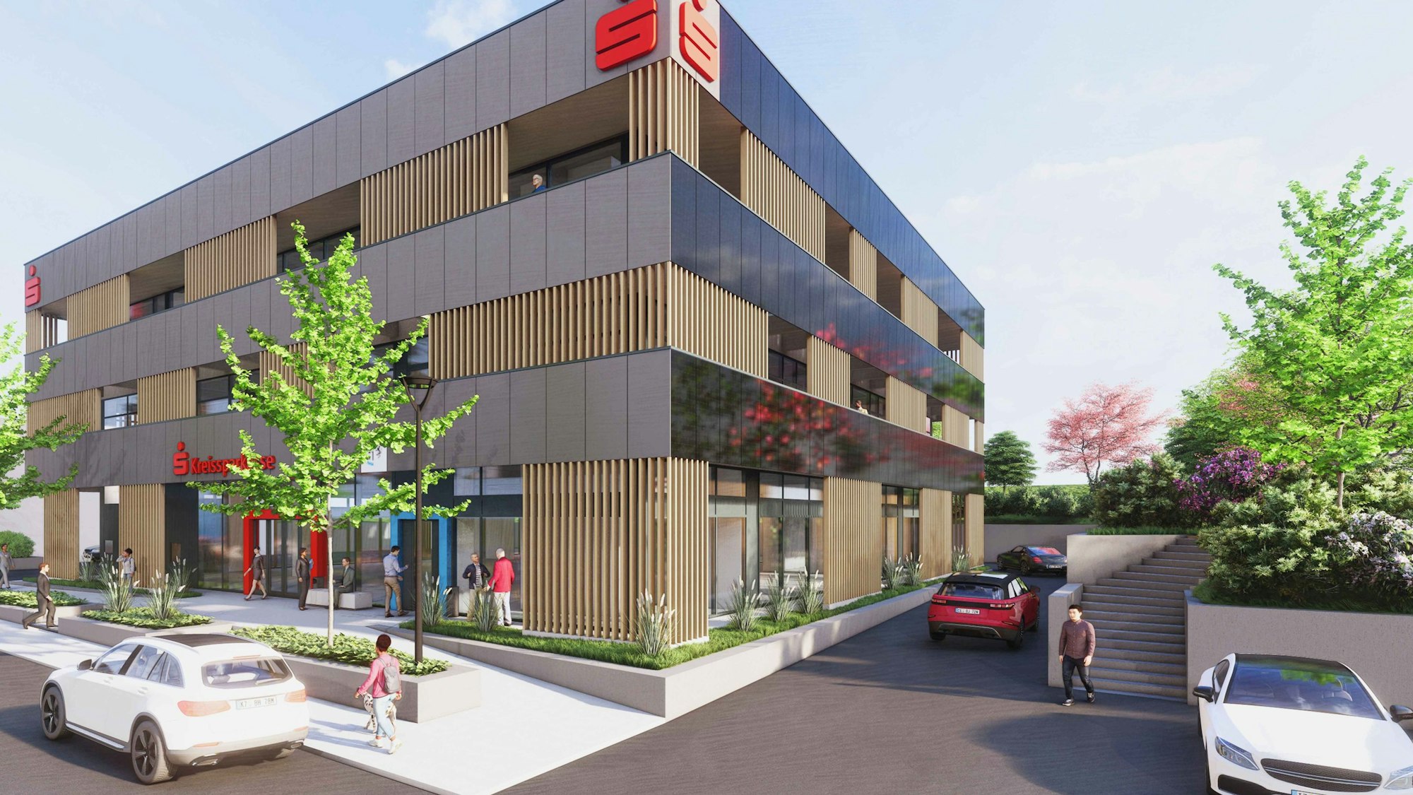 Diese Grafik zeigt, wie der Standort der Kreissparkasse Köln an der Waldbröler Kaiserstraße nach Abschluss der Modernisierung im Herbst kommenden Jahres aussehen soll. Rund fünf Millionen Euro kosten der Umbau und die Instandsetzung.