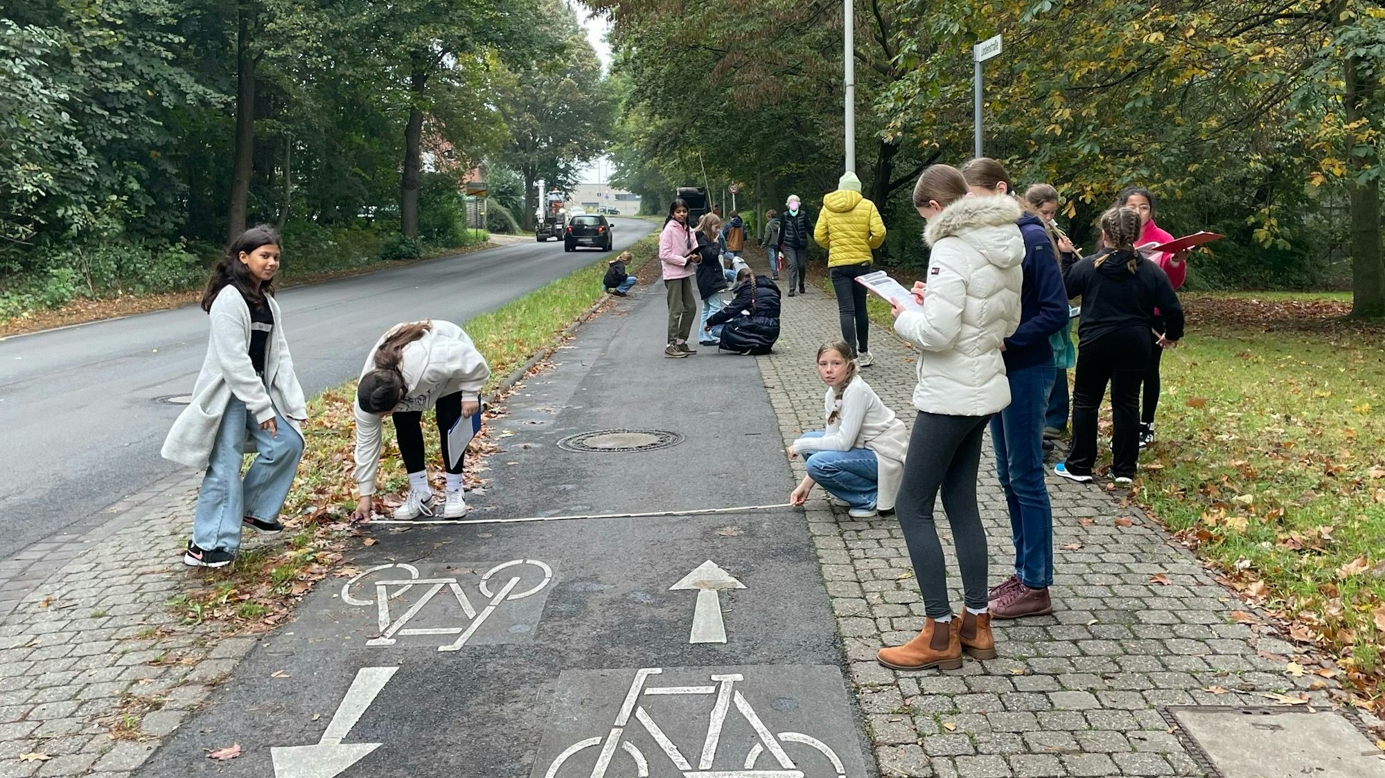 Auf dem Bild sind Schüler zu sehen, die eine Straße überprüfen