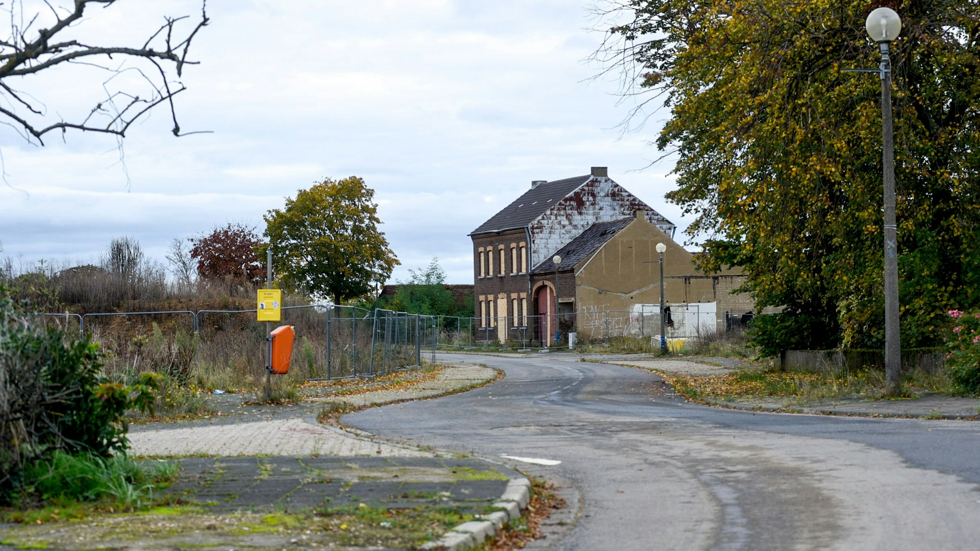 Das Bild zeigt ein Haus im alten Manheim, daneben stehen Bauzäune. Auf den Bürgersteigen wachsen Pflanzen.