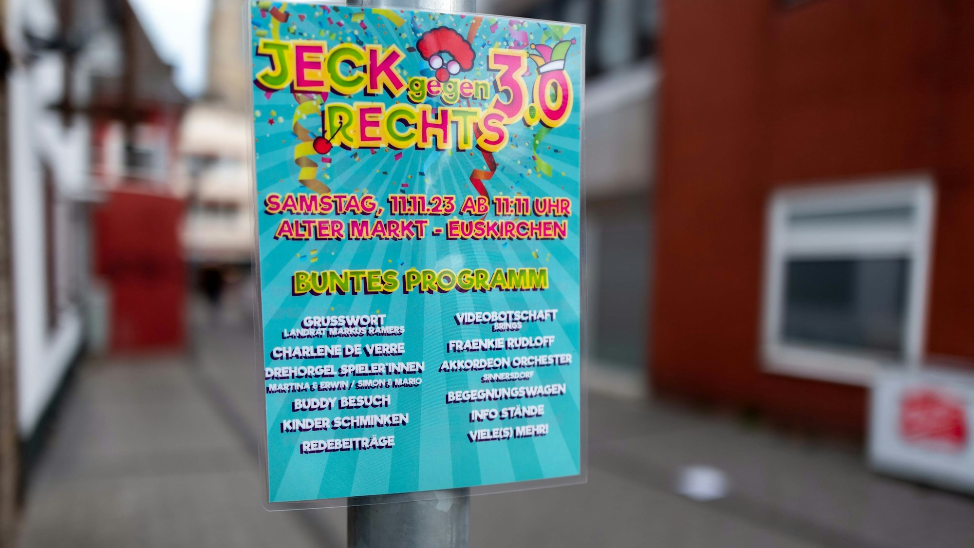 Das Bild zeigt das Plakat zeigt einen Hinweis auf die Veranstaltung Jeck gegen Rechts.