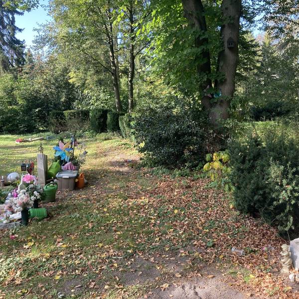Auf einem Friedhof steht eine einzelne Statue abseits am Gebüsch.