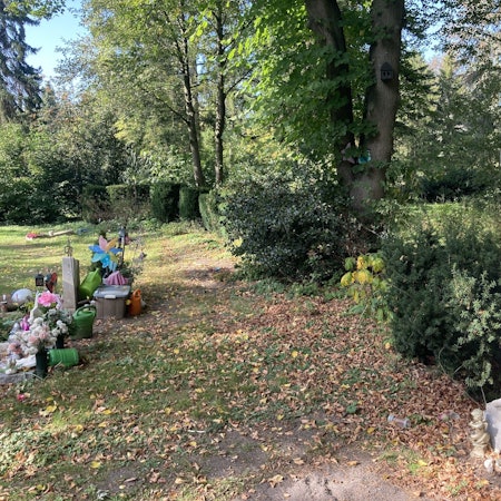 Auf einem Friedhof steht eine einzelne Statue abseits am Gebüsch.