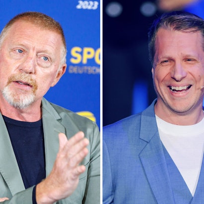 Boris Becker, ehemaliger deutscher Tennisspieler, und Oliver Pocher, Moderator, schauen in die Kamera.