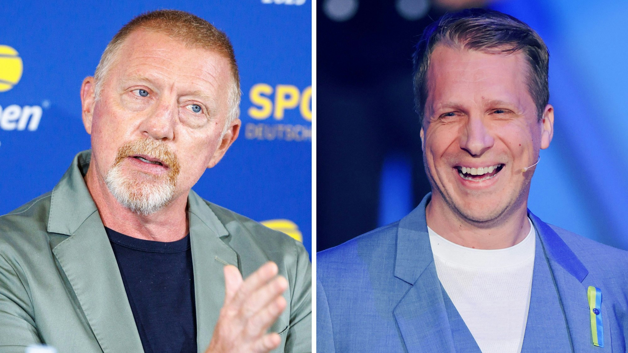 Boris Becker, ehemaliger deutscher Tennisspieler, und Oliver Pocher, Moderator, schauen in die Kamera.