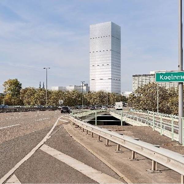 Diese Grafik zeigt, wie ein 120-Meter-Turm sich in den Blick Richtung Innenstadt von der Deutzer Zufahrt zur Zoobrücke stellt.