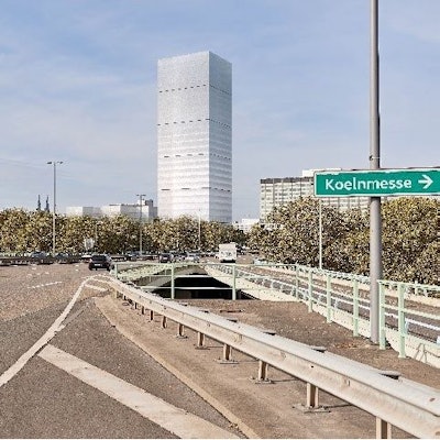 Diese Grafik zeigt, wie ein 120-Meter-Turm sich in den Blick Richtung Innenstadt von der Deutzer Zufahrt zur Zoobrücke stellt.