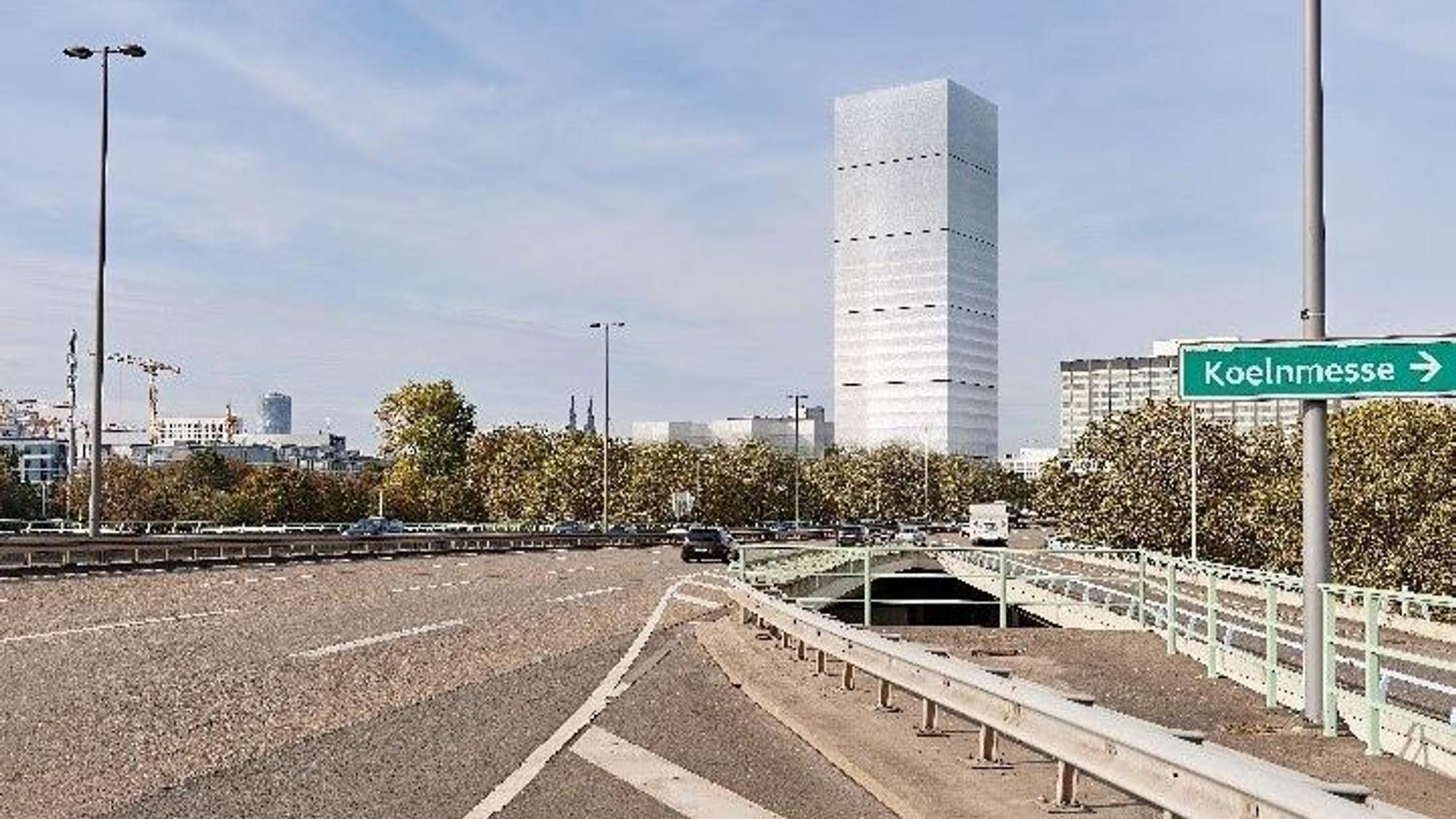 Diese Grafik zeigt, wie ein 120-Meter-Turm sich in den Blick Richtung Innenstadt von der Deutzer Zufahrt zur Zoobrücke stellt.